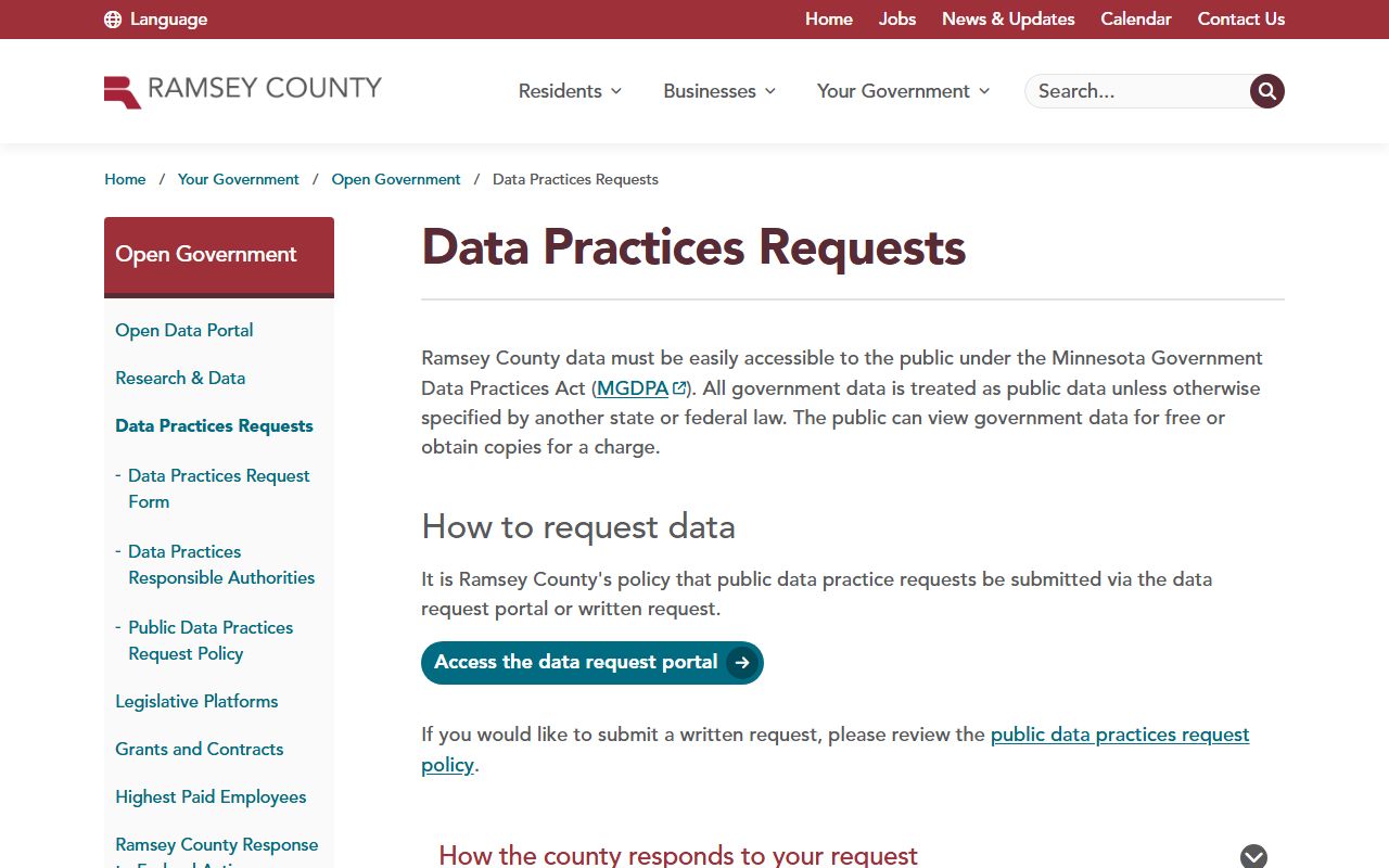 Ramsey County data practices request page for clerk records distinctions