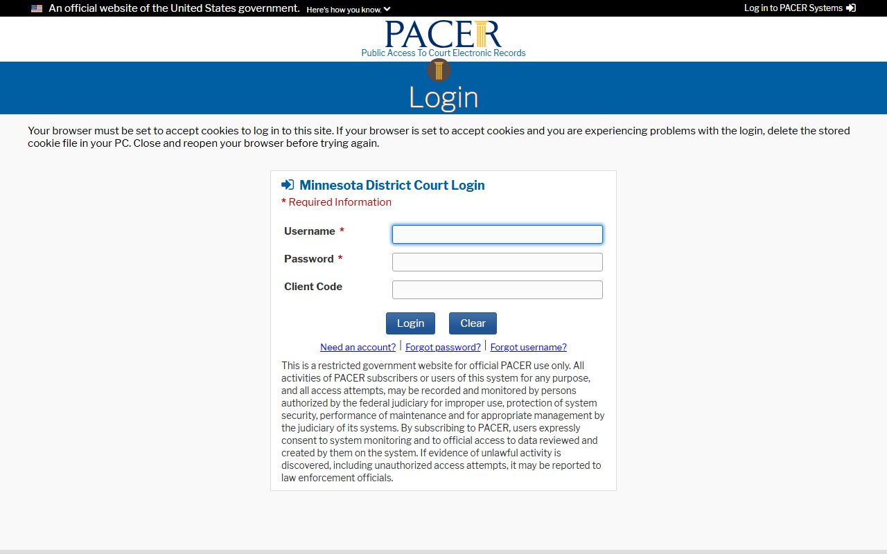 Ramsey County District Court federal overlay CM ECF Minnesota login