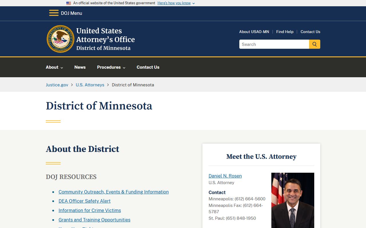 Ramsey County District Court federal overlay U.S. Attorney Minnesota page