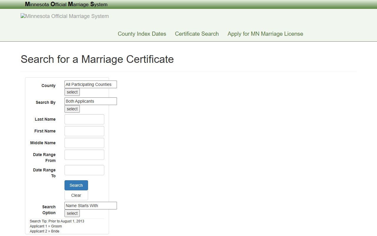Ramsey County marriage records MOMS marriage search fields