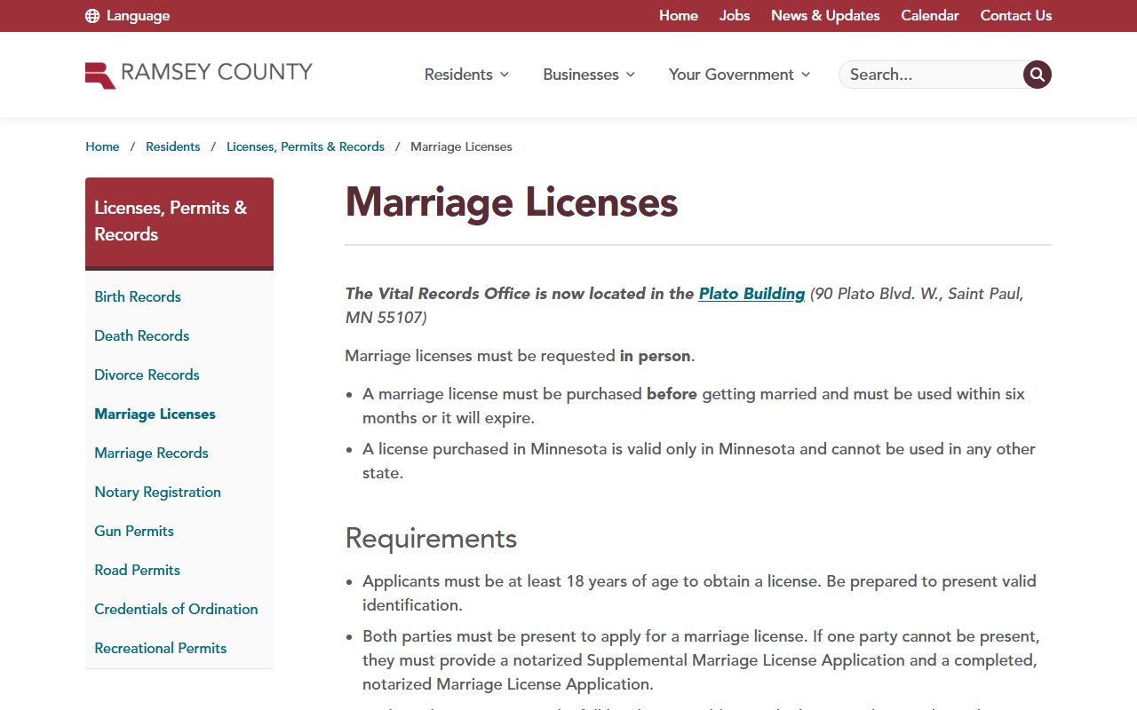 Ramsey County marriage records marriage license requirements page
