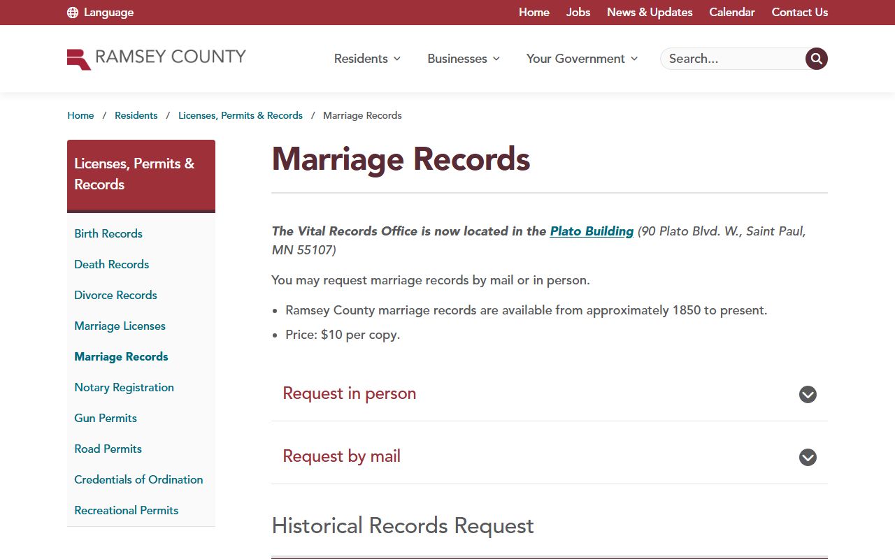 Ramsey County marriage records copy request and historical records page