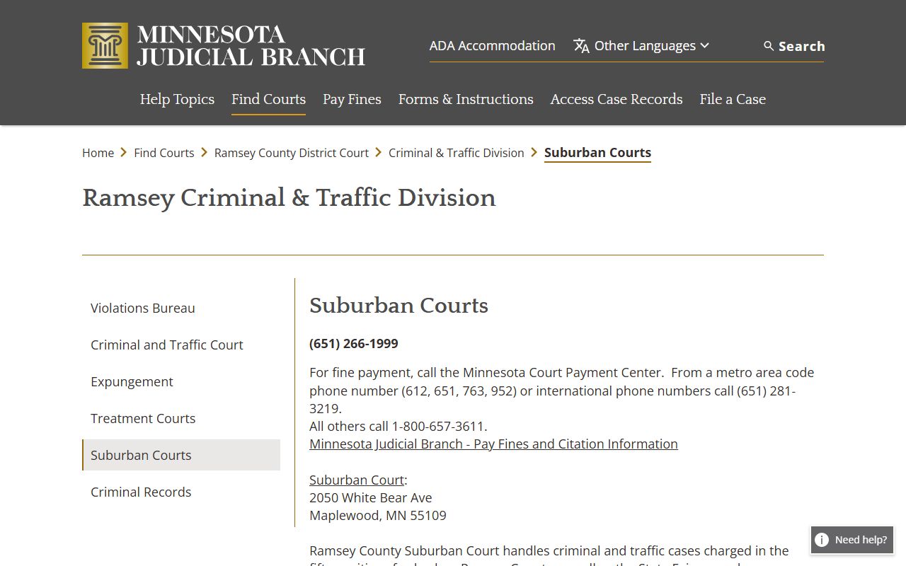 Ramsey County traffic court records Suburban Court jurisdiction page