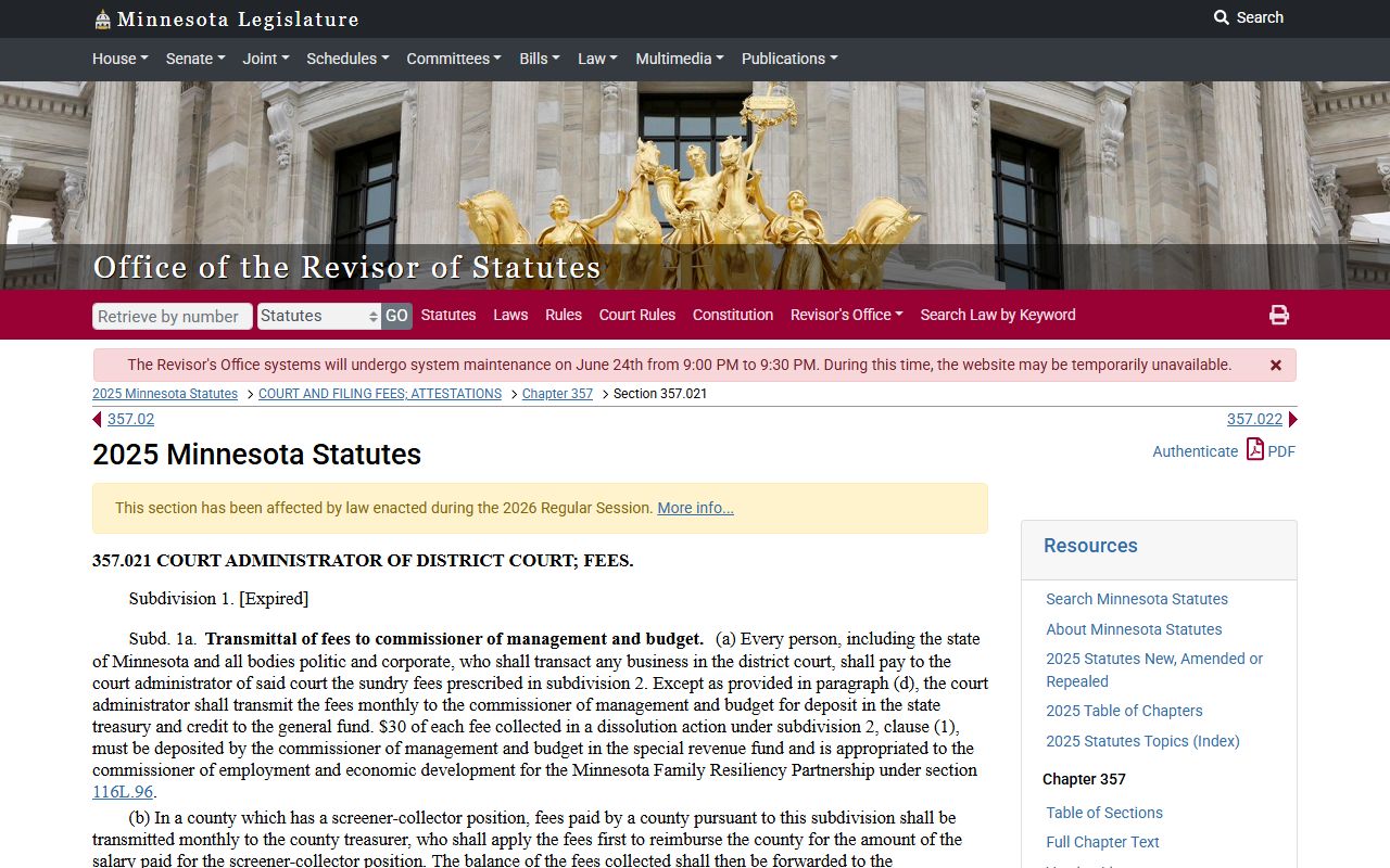 Ramsey County traffic court records Minnesota fee statute