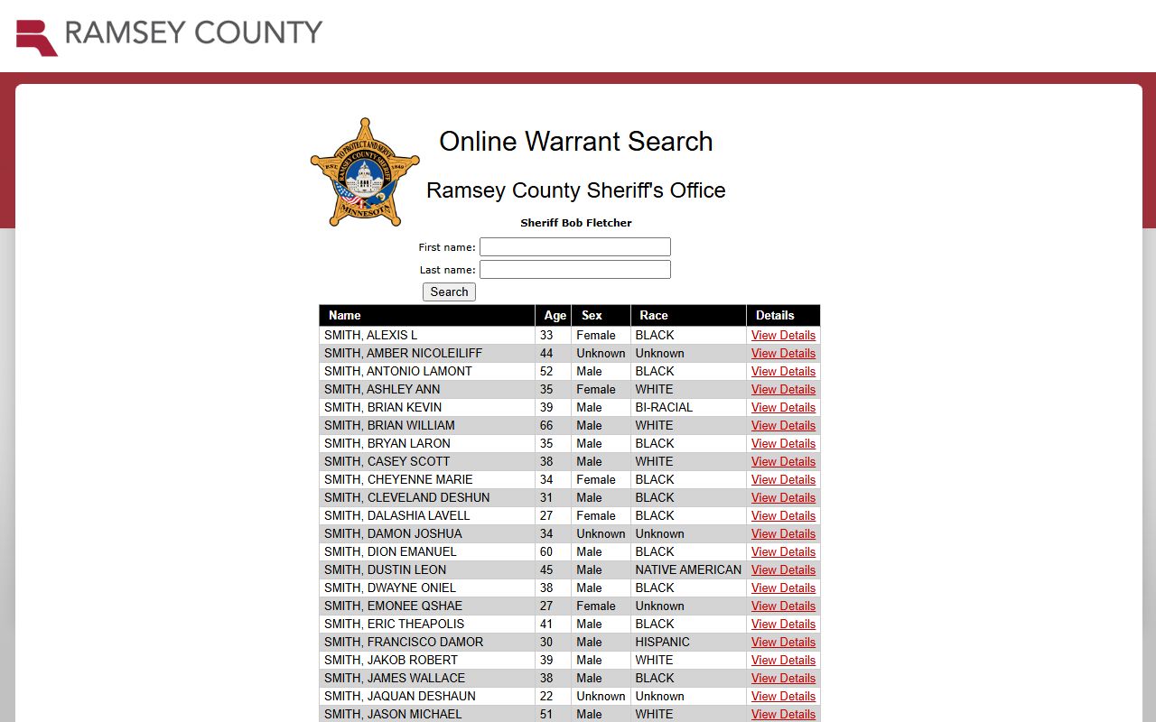 Ramsey County warrant search results table fields