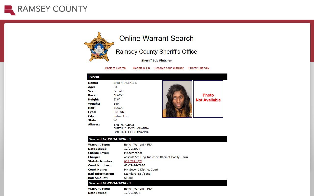 Ramsey County warrant record detail field inventory
